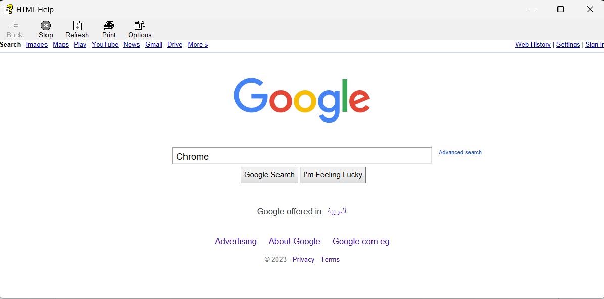 Google.com opened in Microsoft HTML Help. 