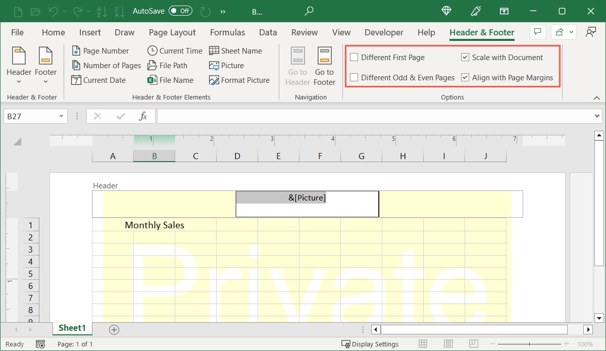 Header and Footer tab alignment options