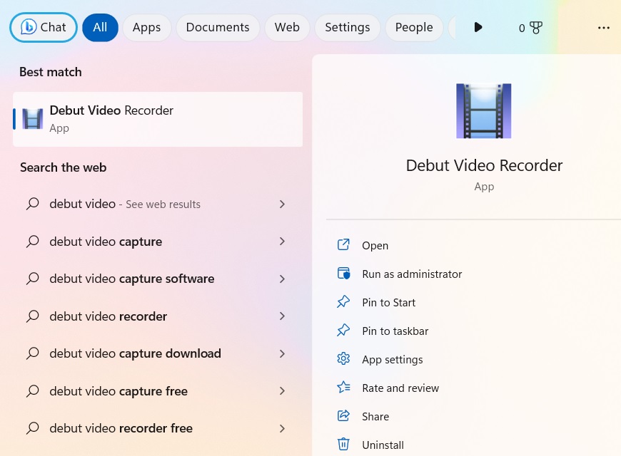 Debut Video Recorder launched in search menu. 