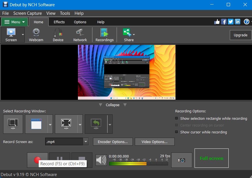 Debut Screen Recorder home screen and Record button. 
