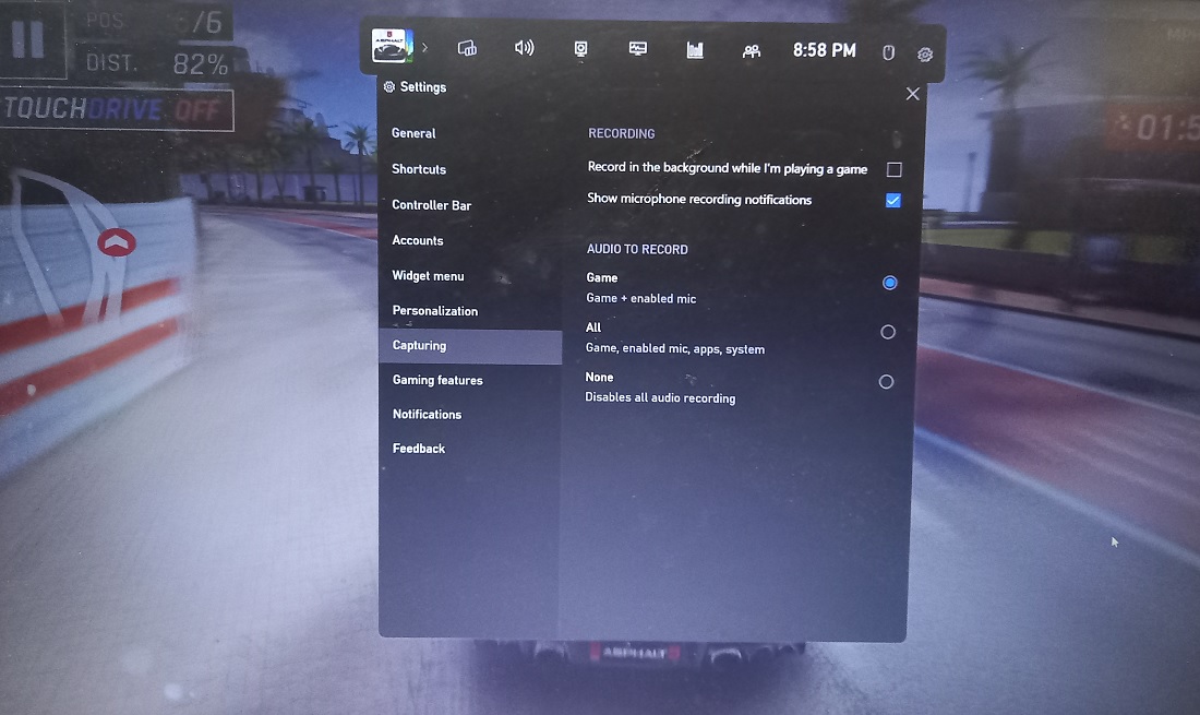 Capturing settings in Xbox Game bar.