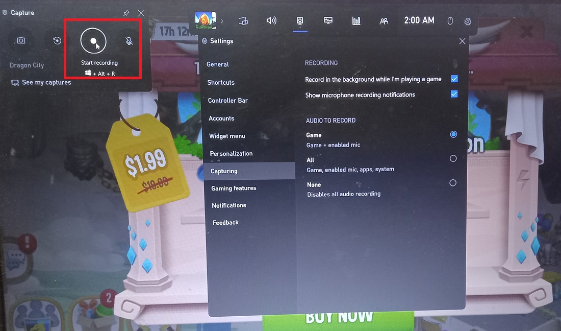 Click Start Recording button on the Capture widget of Xbox Game Bar. 