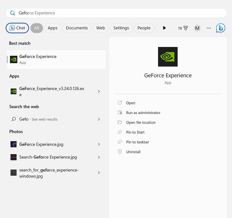 GeForce Experience in Start menu search. 