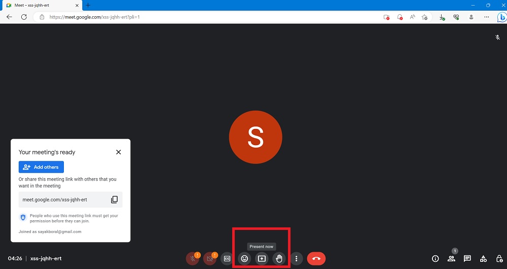 Click "Present Now" button in ongoing Google Meet meeting. 