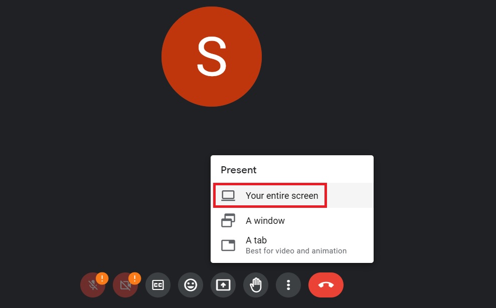 Choose Present Your Entire Screen in Google Meet. 