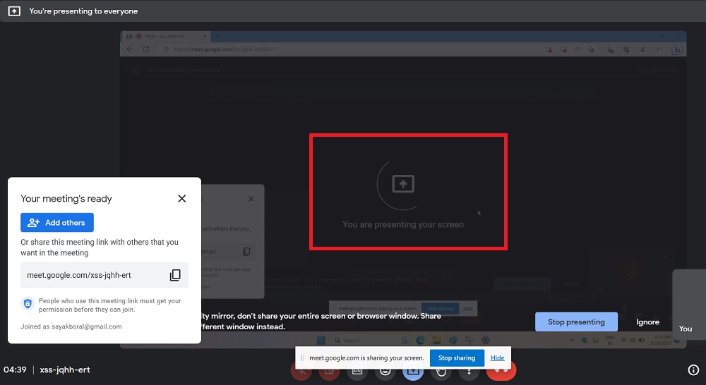 Presenting screen message in Google Meet.