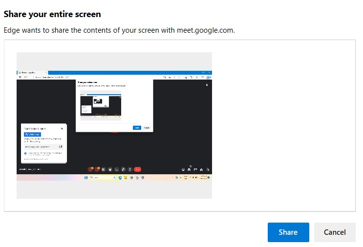 Google Meet share entire screen in a browser window. 