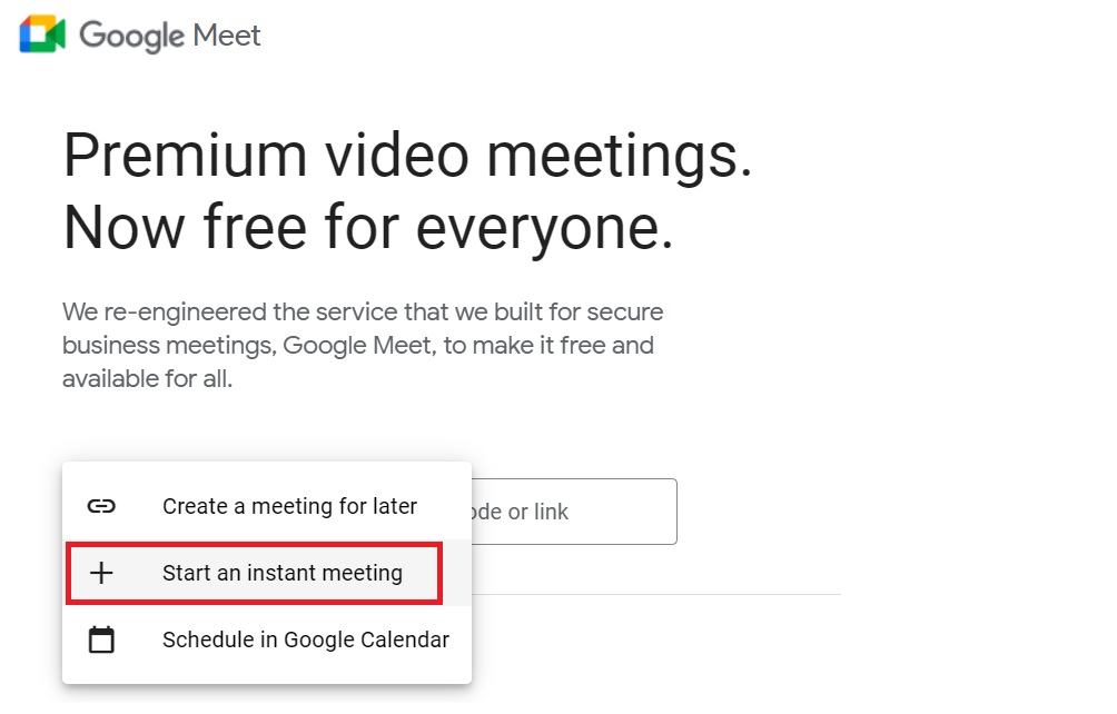 Start an Instant Meeting in Google Meet online. 
