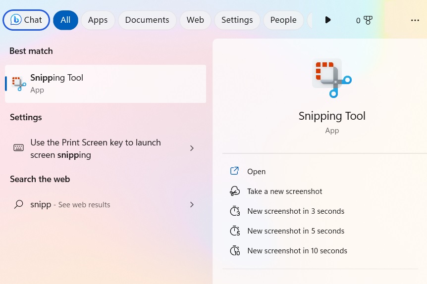 Launch Snipping Tool in Windows from its search menu. 