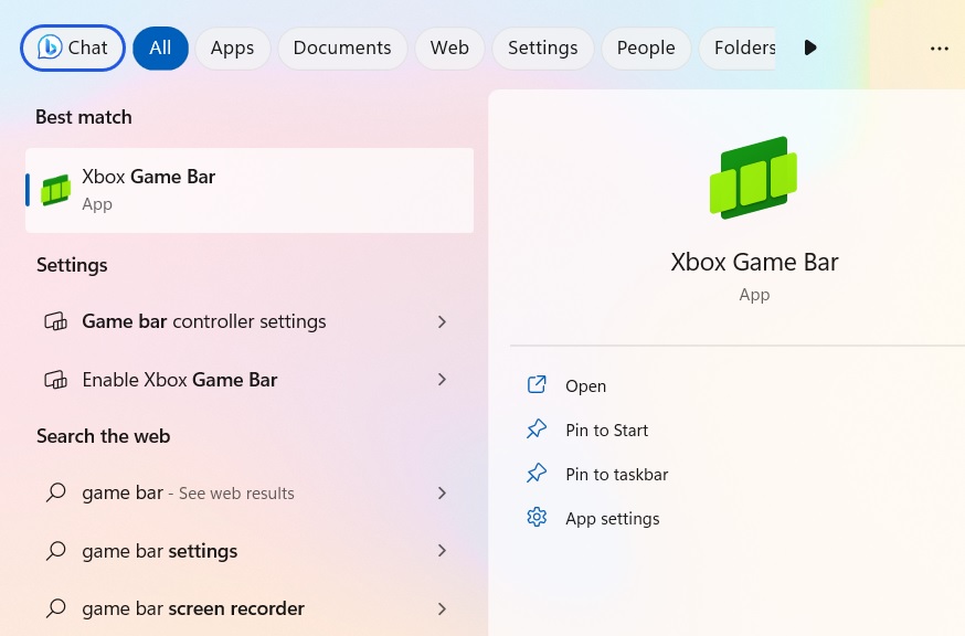 Launch Xbox Game Bar from Windows search menu. 