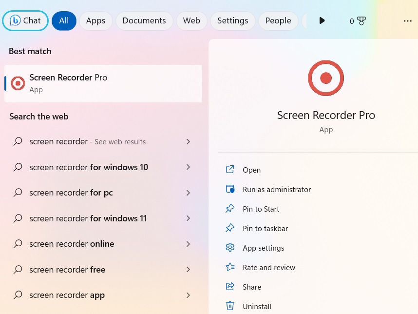 Screen Recorder Pro launched from search box. 