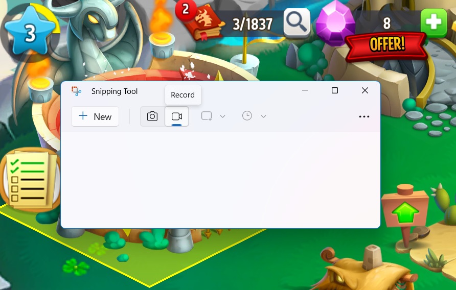 Press the Record button in Snipping Tool to record a game. 