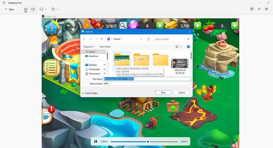 Saving Snipping Tool recording video as an MP4 file. 