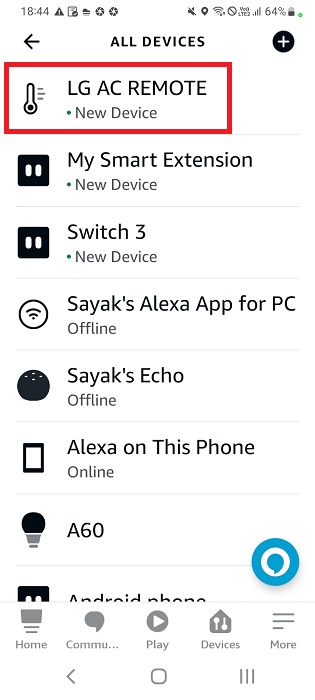 AC remote added through IR blaster visible on Alexa app in Android.