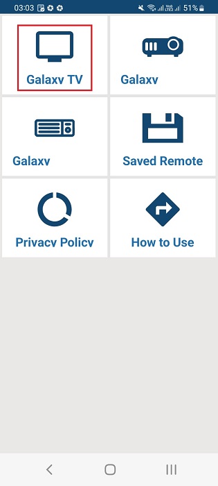 Universal app for infrared remotes - select TV option in Android.