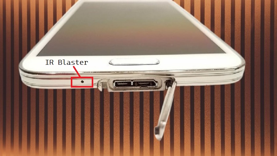 IR blaster visible on a Samsung Galaxy S5 smartphone with tiny infrared port.