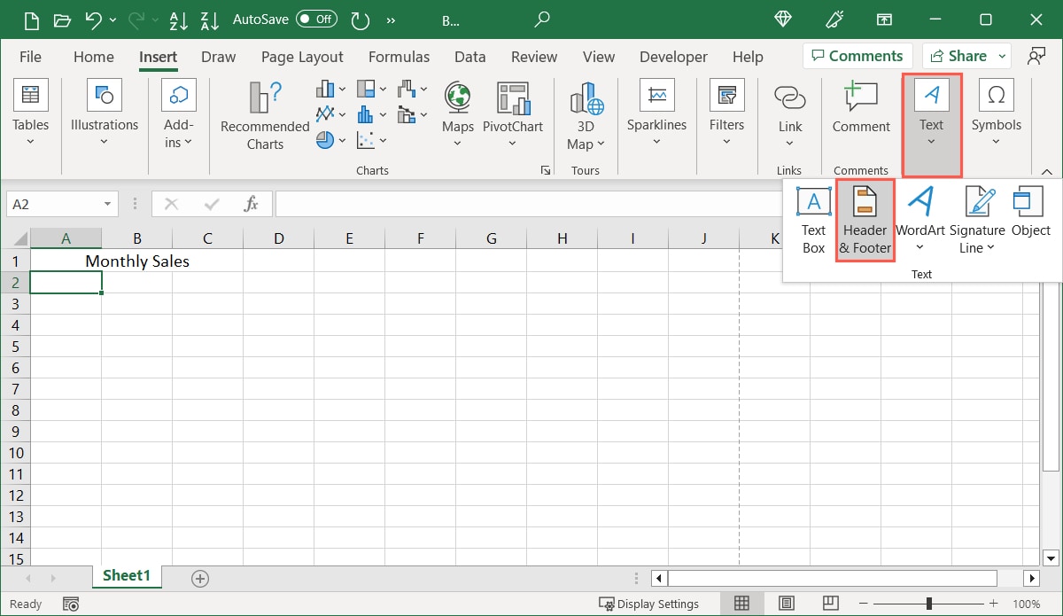 Header and Footer on the Insert tab in Excel