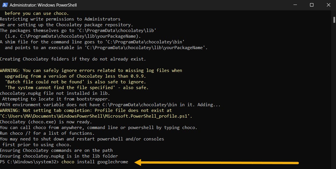 Installing Chrome using Chocolatey.