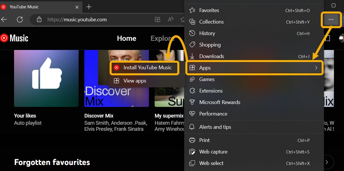 Clicking on "Install YouTube Music" option in Microsoft Edge browser. 