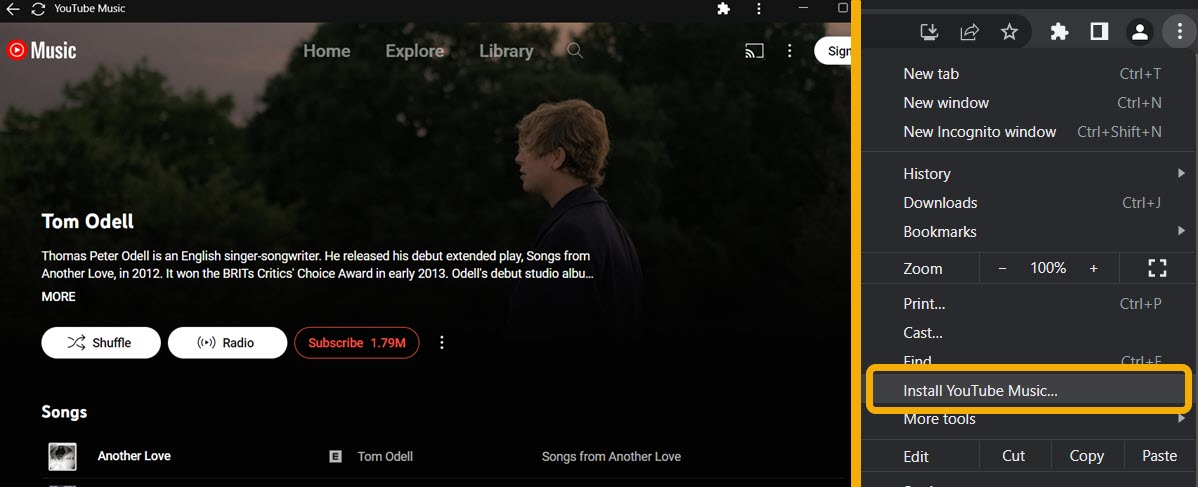 Clicking on "Install YouTube Music" option in Google Chrome. 