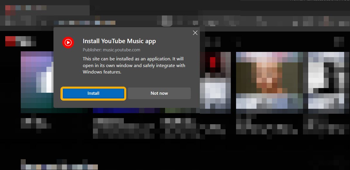 YouTube Music app installation pop-up confirmation. 