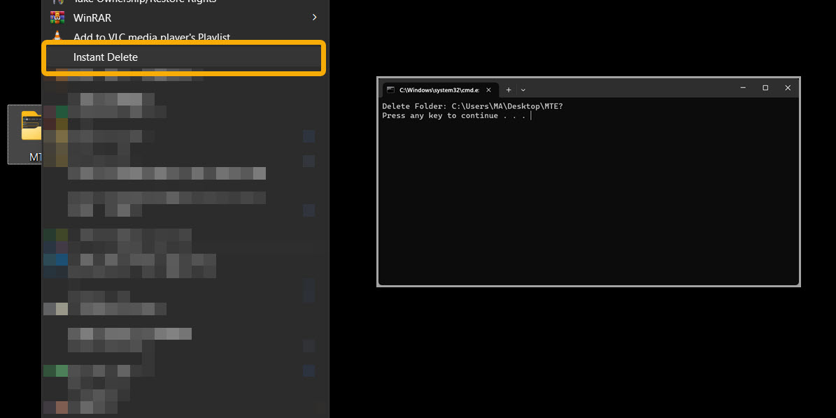 "Instant delete" option view in context menu in Windows.