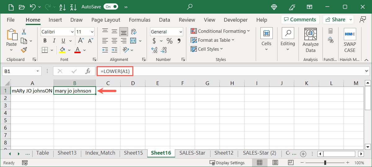 Lower function in Excel