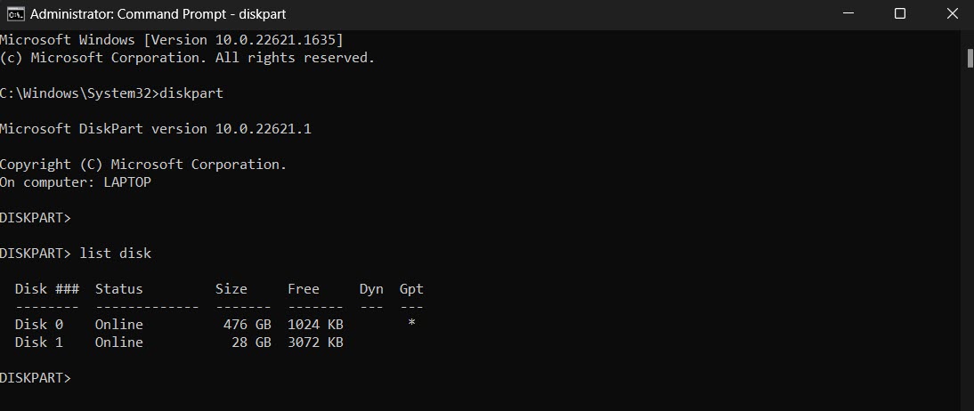 List of disks in Command Prompt.