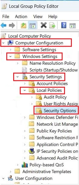 Navigating to "Security Options" in Group Policy Editor. 
