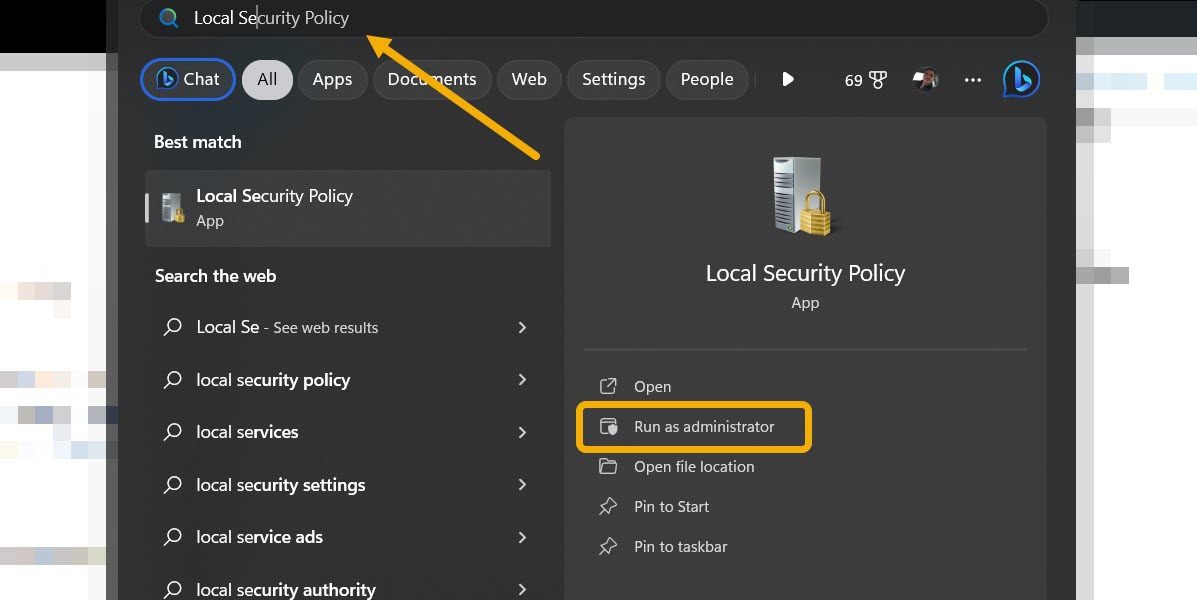 Searching for "Local Security Policy" in Windows Search. 