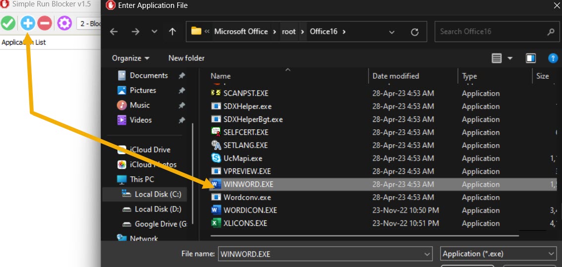 Adding program to be blocked via Simple Run app. 