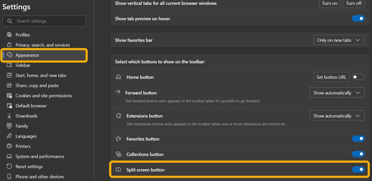 Enabling "Split screen button" under Appearance in Microsoft Edge. 