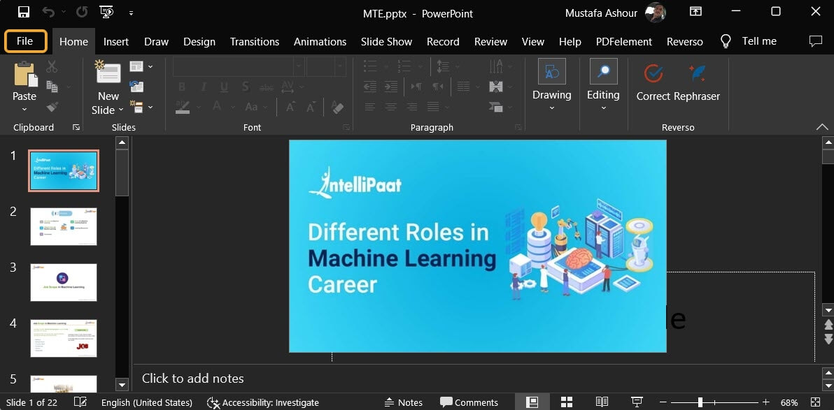 Clicking on "File" option in ribbon menu in PowerPoint.