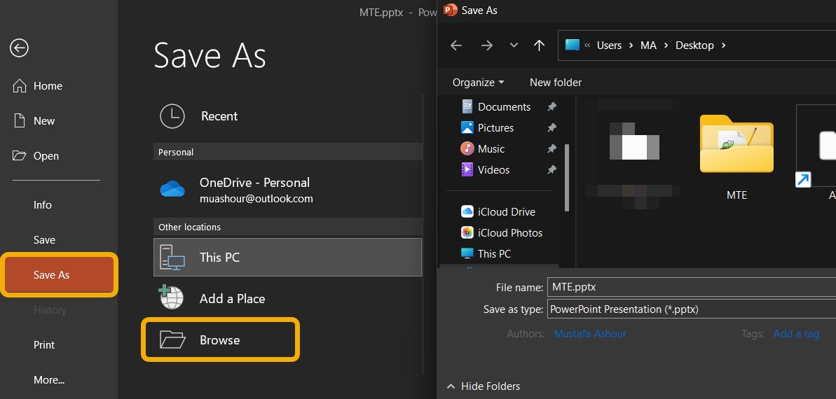 Clicking on "Save As" option in PowerPoint.