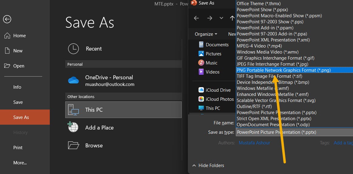 Saving PowerPoint presentation file as PNG.