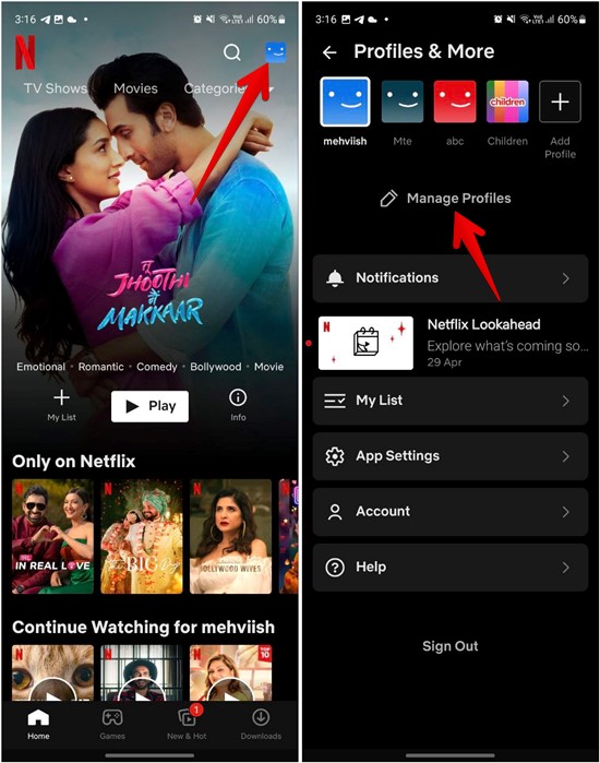 Netflix Mobile Manage Profile From App