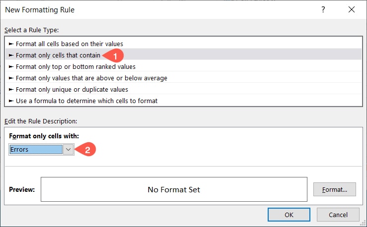 New Rule setup for cells containing errors