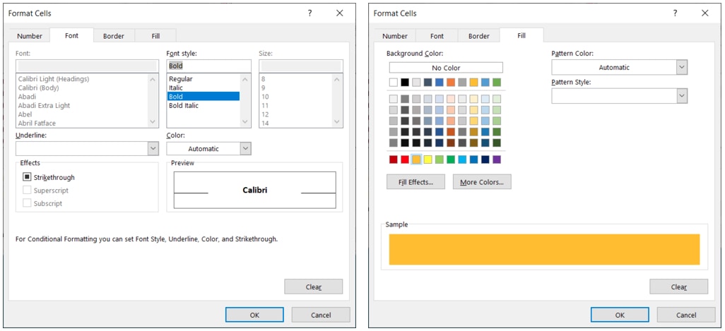 Formatting options for a new rule in Excel