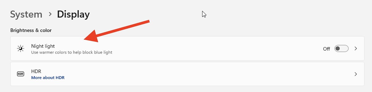 Clicking on "Night light" option via Settings. 
