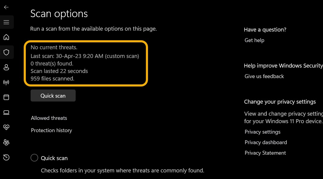 "No current threats" detected scan message.