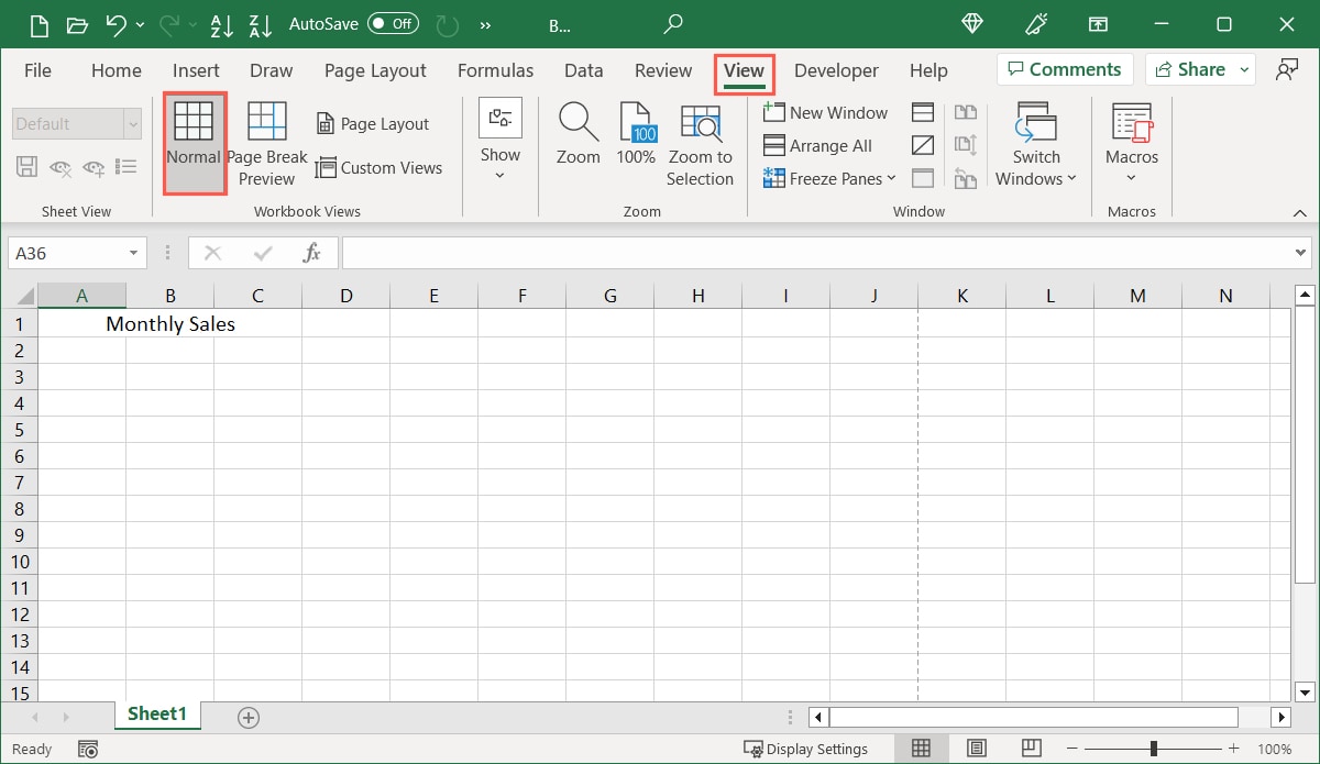 Normal View with no watermark visible in Excel