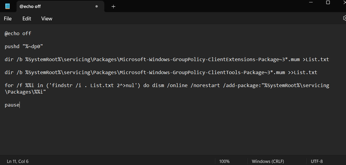 Notepad with code for .BAT file pasted in. 