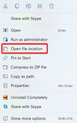 Clicking on "Open file location" from app shortcut context menu. 