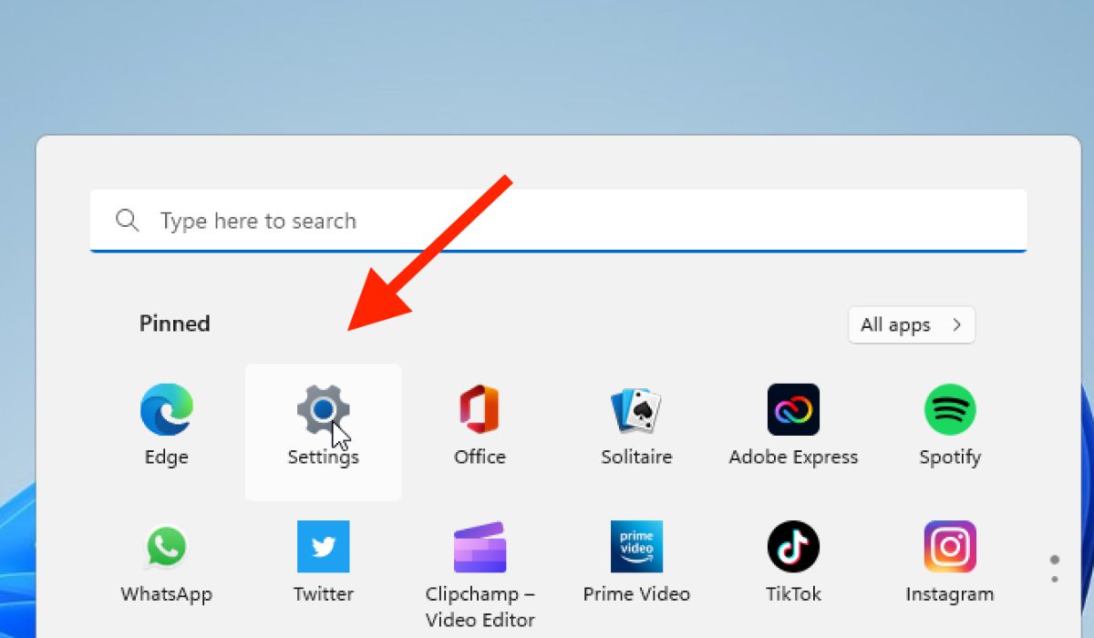 Clicking the Settings app via Start menu. 