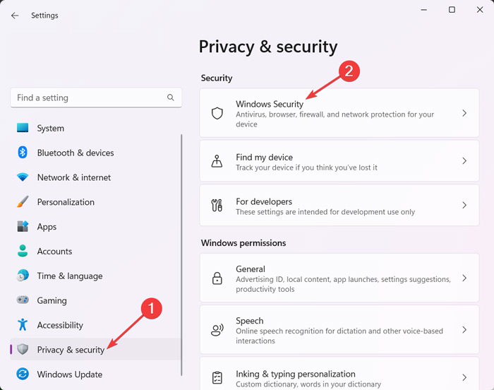 Selecting "Windows Security" from Settings. 