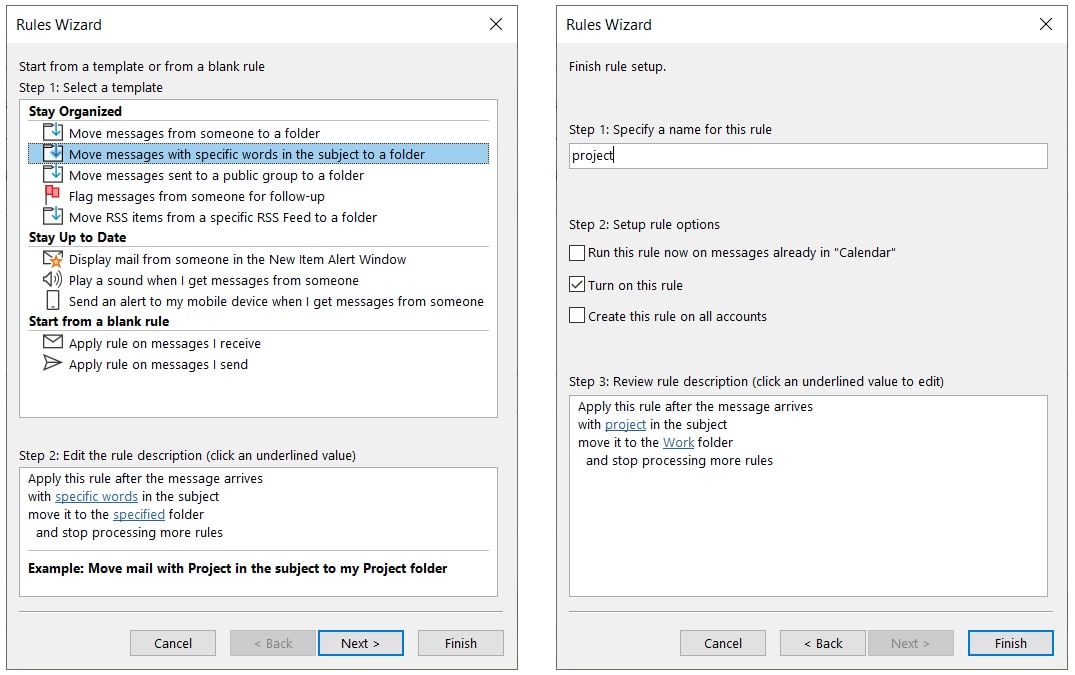 Outlook Create Rule Wizard