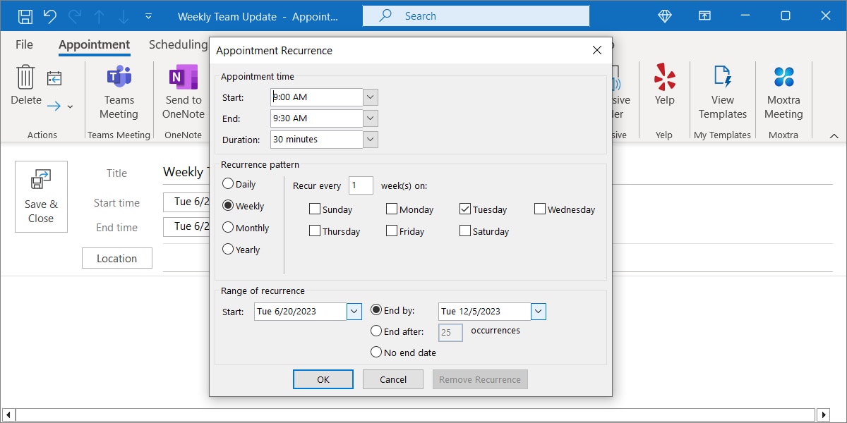 Outlook repeating event settings