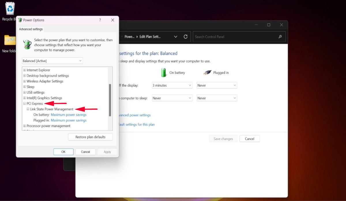 Navigating to "Link state power management" option under Power Options. 
