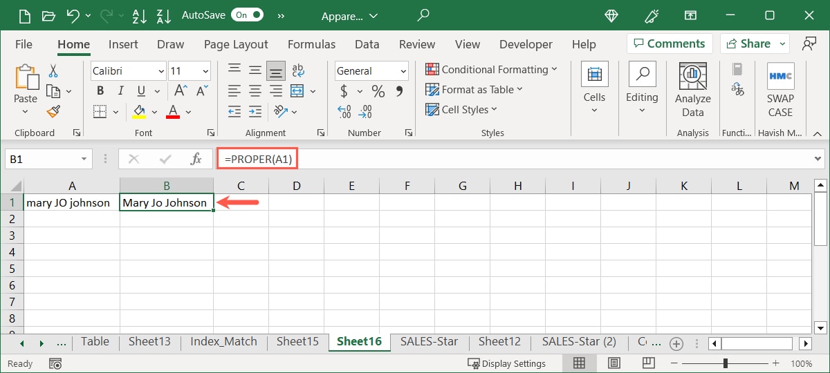Proper function in Excel