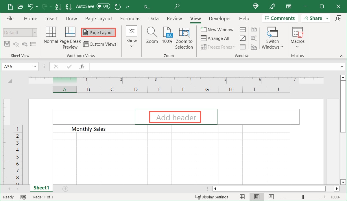 Add Header in the Page Layout view in Excel